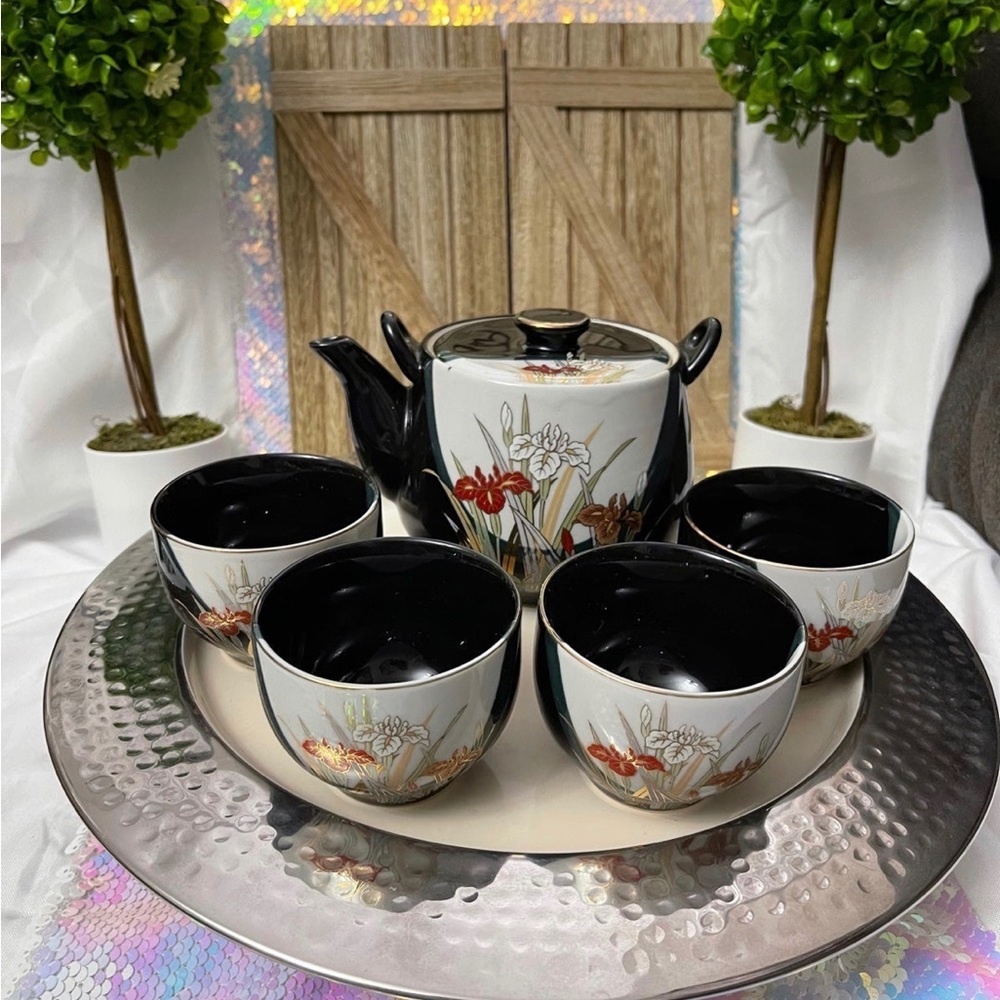 Nakagama Japan Small Teapot &Cups Cranes in Flight 16 Still In Original …